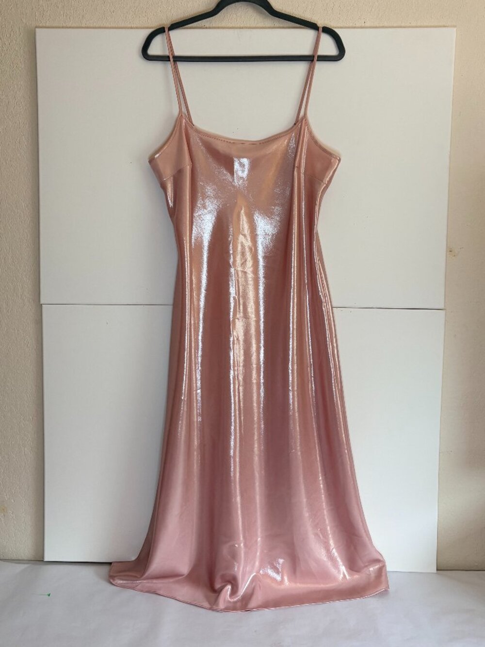 Light Pink Shiny Shimmer Summer Satin Maxi Cowl Neck Slip Dress Size LP